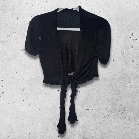 White House Black Market Tie Front Shrug Cardigan Short Sleeves Cropped Black M - Picture 1 of 7
